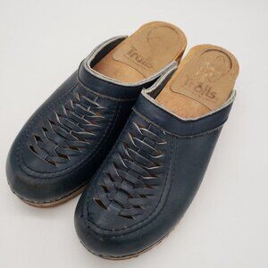 Trolls Swedish Clogs Women’s 6 Vintage Woven Blue Leather Wood Sole